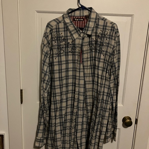 Plaid style cotton Button-Up Shirt with Embroidery - Picture 1 of 7
